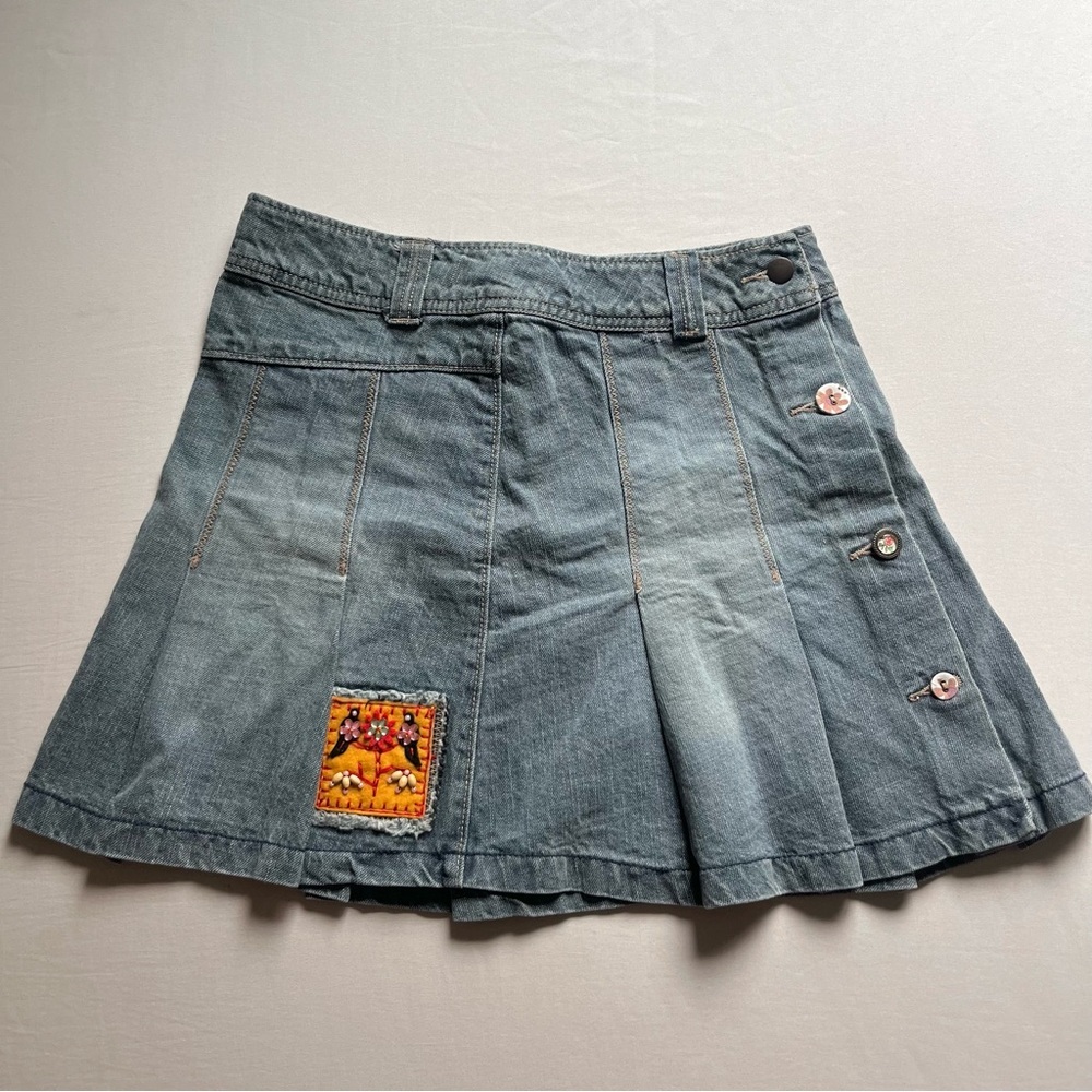 IKKS blue denim y2k 90’s 2000’s patch beaded pleated mini skirt